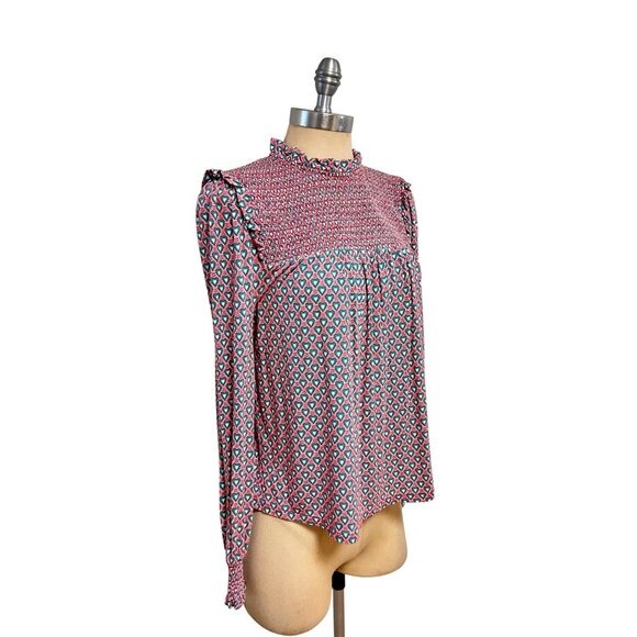 Boden Womens Smocked Blouse Red Heart Print Long Sleeve UK 10 US 6 - Picture 4 of 7